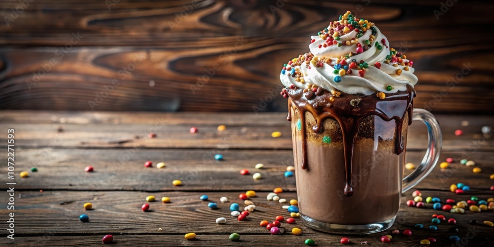 Poster a decadent chocolate milkshake topped with whipped cream and colorful sprinkles on a rustic wooden b