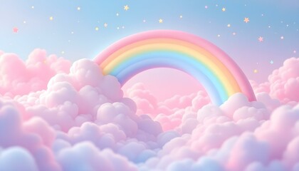 3d rendered cartoon rainbow on the clouds. 3d 3D-rendered cartoon rainbow sky with stars and bubbles. Rainbow Seascape, a beautiful rainbow with white clouds in blue sky, cartoon-style