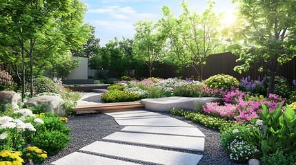 A vibrant garden pathway surrounded by colorful flowers and lush greenery, inviting tranquility and nature appreciation.