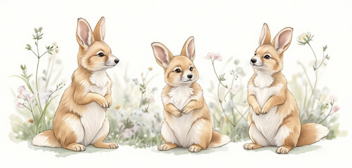 Naklejka premium Watercolor illustration of three baby rabbits in a grassy field