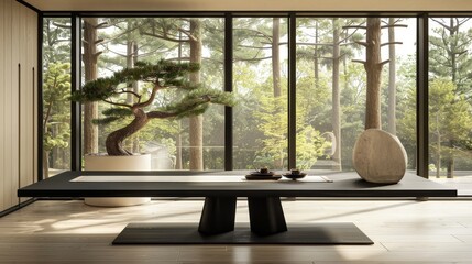 Fototapeta premium Elegant dining room with black wooden table, forest views, and zen aesthetics in minimalist design