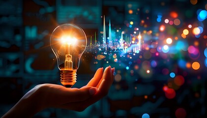 Levitating light bulb radiating magical glowing particles over hand against dark background, perfect for creativity and innovation concepts.