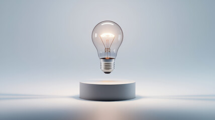 A glowing light bulb floating above a smooth, white pedestal against a soft gradient backdrop, symbolizing innovation and creativity.