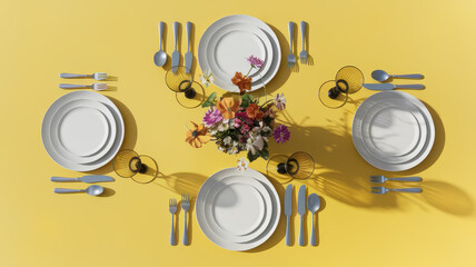 A vibrant table setting for four with white plates, elegant cutlery, and a colorful floral centerpiece against a bright yellow backdrop.