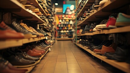 Naklejka premium Rows of Shoes on Wooden Shelves in a Shoe Store