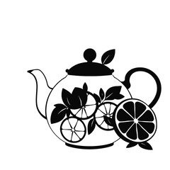 Fototapeta premium a teapot with a black. The body of the tea pot is decorated with a design of lemon slices and mint leaves