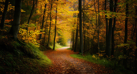 Obraz premium A peaceful autumn forest path covered in fallen leaves, surrounded by vibrant yellow and orange trees.
