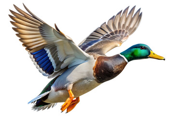 Obraz premium Male Mallard duck drake in flight isolated white background. AI GENERATED