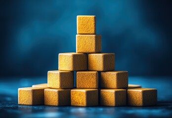 Golden cubes arranged in a pyramid formation with a soft-focus blue background creating a striking and modern visual composition ideal for various creative projects and concepts