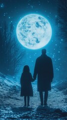 Obraz premium A silhouette of a parent and child holding hands under a bright full moon, evoking feelings of wonder and connection.