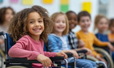 Diverse children in a wheelchair are smiling, showcasing joy, friendship, and inclusivity in a school setting - Powered by Adobe