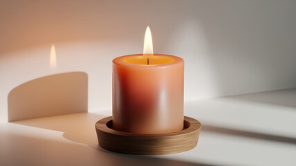 A glowing orange candle, elegantly placed in a wooden holder, casts soft shadows and warm light, creating a tranquil and cozy atmosphere.