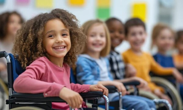 Diverse children in a wheelchair are smiling, showcasing joy, friendship, and inclusivity in a school setting