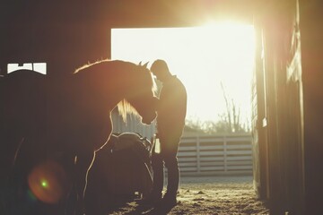 Vet Treating Horse in a Sunlit Stable