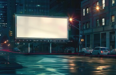 Obraz premium Blank billboard on a city street at night, with a wet road and passing cars.