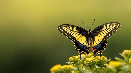 Fototapeta premium A closeup of a butterfly perched on a wildflower, detailed wings and surrounding greenery in the background