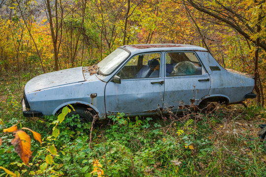 Image of an old Dacia 1310 car wreck in the outdoors.An old abandoned Dacia romanian car wreck at the side of the road