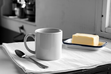 White ceramic mug mockup on a rustic table , cozy and natural kitchen setting, template for designs.