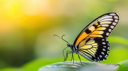 Obraz premium Closeup of a butterflys wings with water droplets, soft morning sunlight, blurred garden in the background