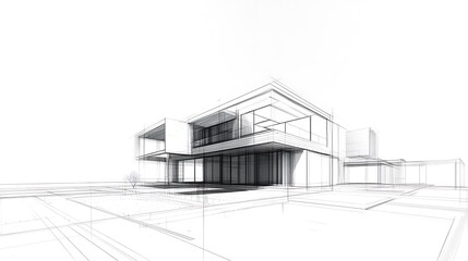 A conceptual architectural drawing showcasing a modern building design with clean lines and minimalistic elements.