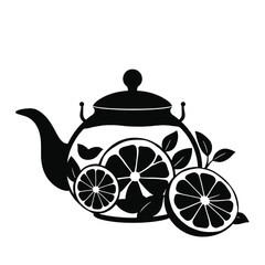 Fototapeta premium a teapot with a black. The body of the tea pot is decorated with a design of lemon slices and mint leaves