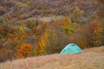 Camping equipment. Tent in the autumn forest