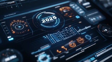 Obraz premium New 2025 year. Modern car dashboard featuring illuminated speedometer, vibrant blue dials, sleek design, digital display.