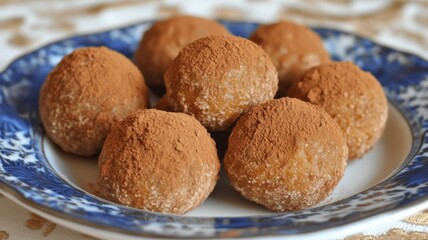 Six Round Brown Sugar-coated Cookies Dusted with Cocoa Powder on a Blue and White Plate