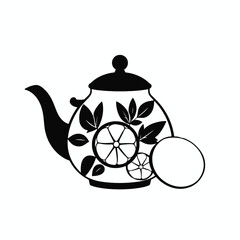 Fototapeta premium a teapot with a black. The body of the tea pot is decorated with a design of lemon slices and mint leaves