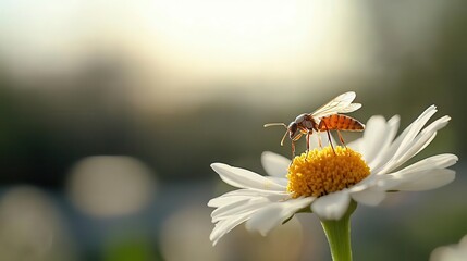 Obraz premium Insect collecting pollen from a daisy, closeup of its legs with pollen grains, natural light around it