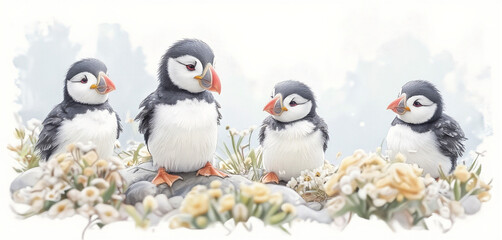 Watercolor puffins standing together on a rocky coastal setting