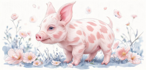 Obraz premium Watercolor illustration of a pink spotted piglet standing on grass