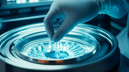 A gloved hand places a test tube into a centrifuge for laboratory analysis