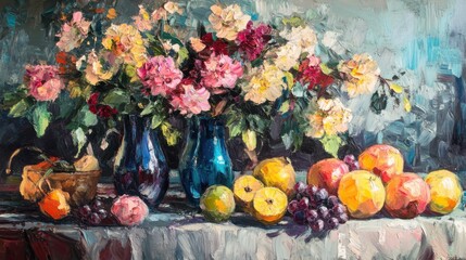 Still life painting with fruit and flowers, rich colors, classic oil on canvas style.