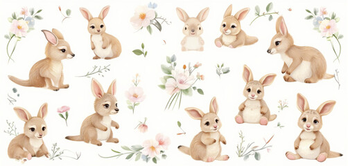 Fototapeta premium Seamless pattern of rabbits playing in a grassy floral setting