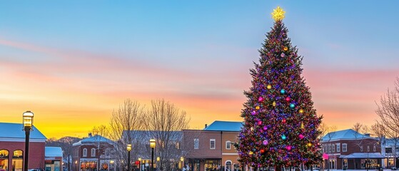 Festive Christmas tree in a quaint town at sunset