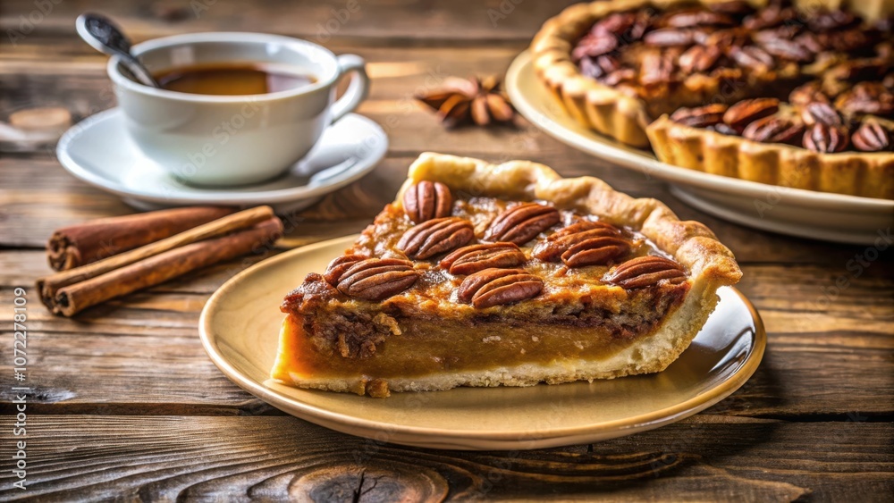 Aufkleber a slice of pecan pie on a small brown plate with cinnamon sticks and a cup of coffee on a rustic woo