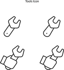 Tool icon with wrench outline design on white background, wrench on hand icon.