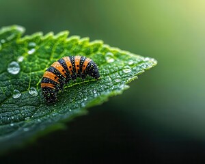 Closeup of a caterpillar feeding on a green leaf, the leaf detailed with morning dew droplets