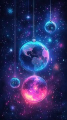 A stunning visualization of planets suspended in a colorful cosmic environment filled with stars.