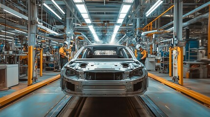 Obraz premium A car assembly line showing workers and a vehicle chassis in a modern factory setting.