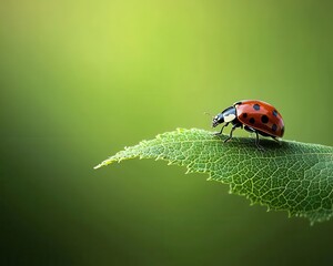 Obraz premium A closeup of a ladybug on the edge of a leaf, soft light highlighting its body, with a blurred green backdrop