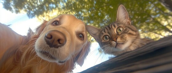 Friendly dog and cat enjoying the outdoors together