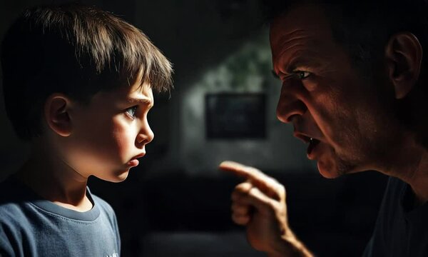 Father expressing frustration points his finger at his son, asserting authority during a tense disciplinary moment filled with emotion and intensity