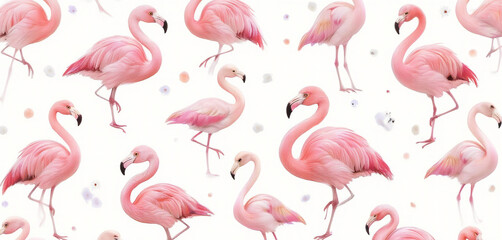 Seamless pattern of pink flamingos with tropical flowers and leaves