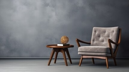 interior design concept armchair with gray upholstery coffee table with wooden surface on gray wall background 