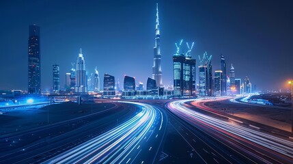 Blue light streaks showcasing rapid data transfer against dubai s night skyline in a tech cityscape