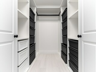 A modern, organized closet featuring white shelving and black storage bins, providing ample space for efficient storage solutions.