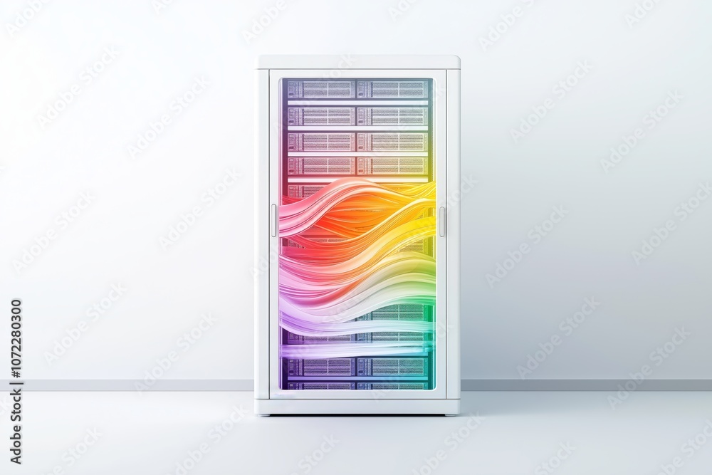 Poster Futuristic Server Rack with Flowing Red and Yellow Light Waves, Representing Data Processing and Advanced Technology, Generative AI