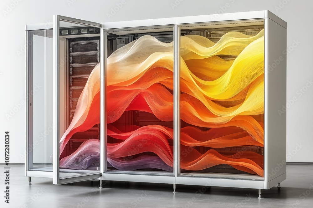 Poster Futuristic Server Rack with Flowing Red and Yellow Light Waves, Representing Data Processing and Advanced Technology, Generative AI